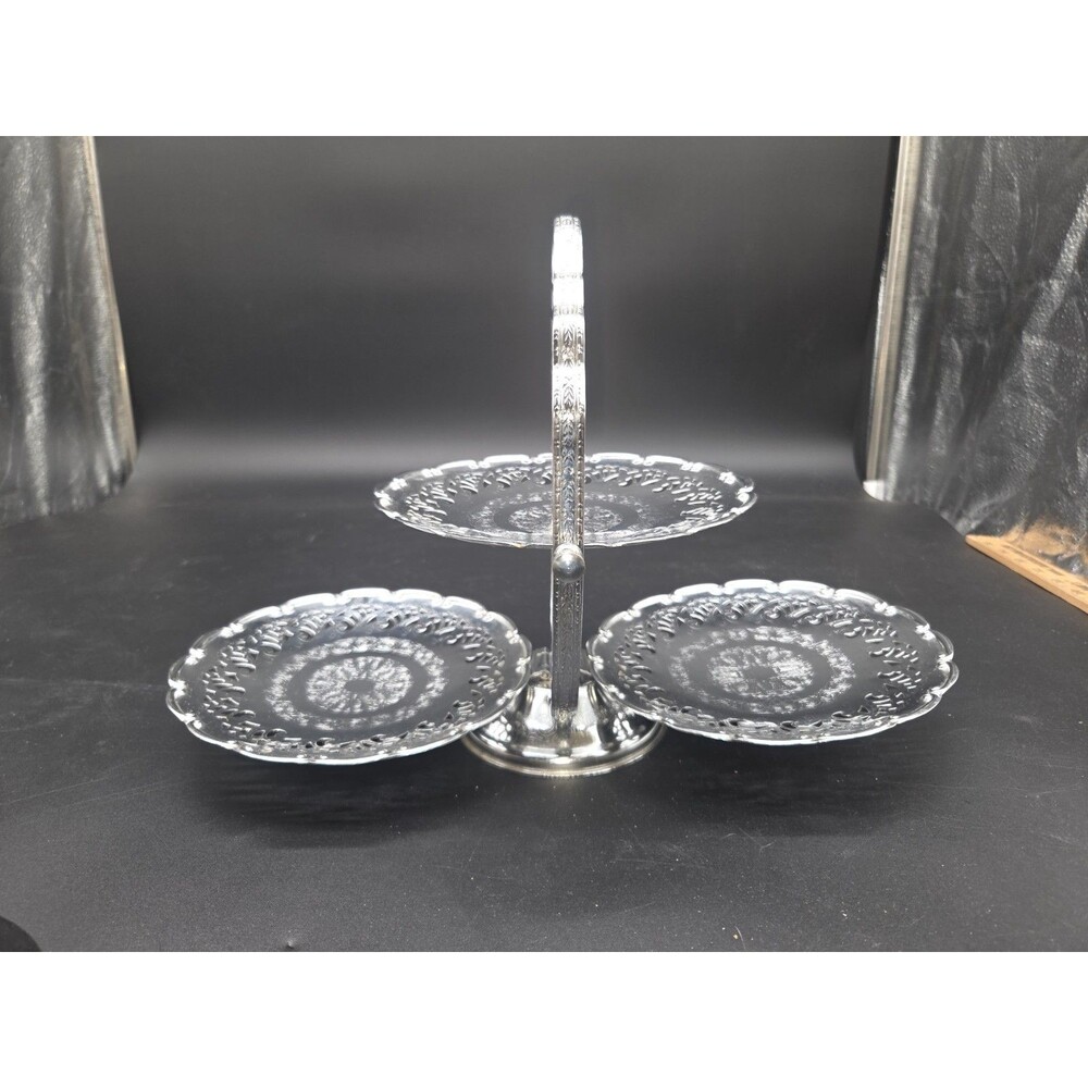 Vintage Folding 3 Tier Metal Filigree Cake Tray Party Platter Hors D'oeuvres